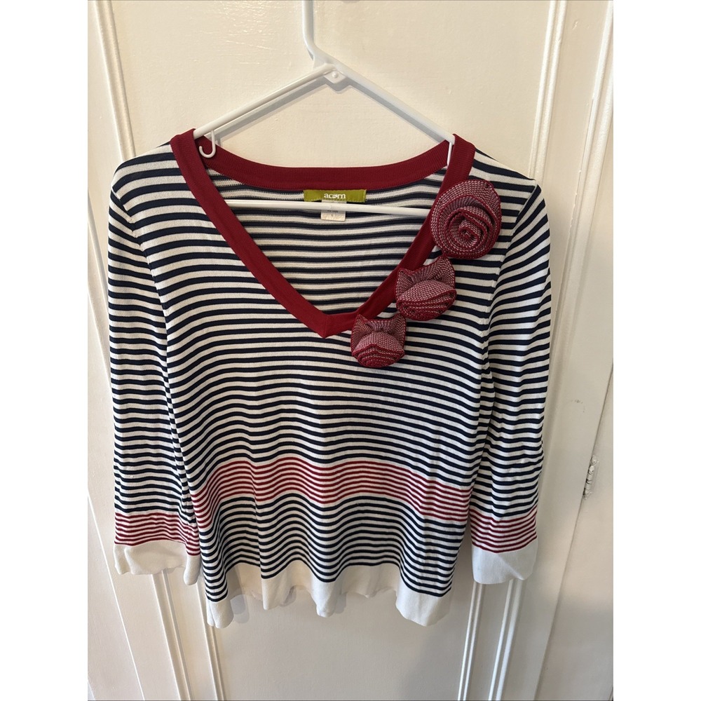 Acorn Striped V Neck Sweater With 3 D Floral Rossettes Size L